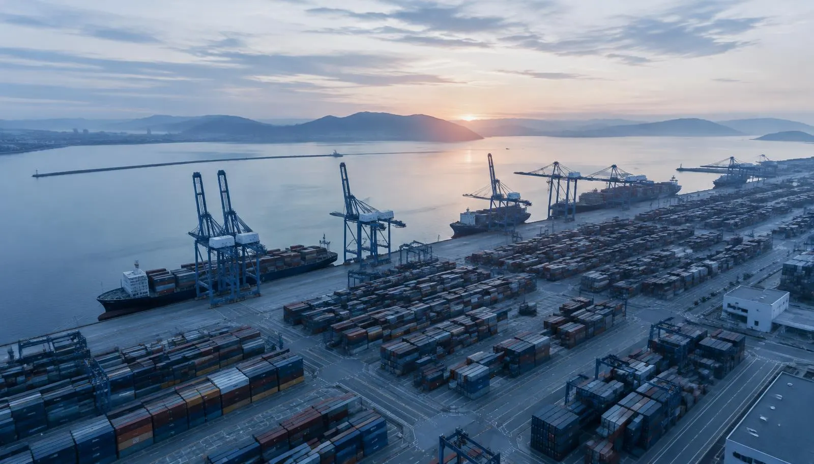 Terminal de contenedores de un puerto al amanecer